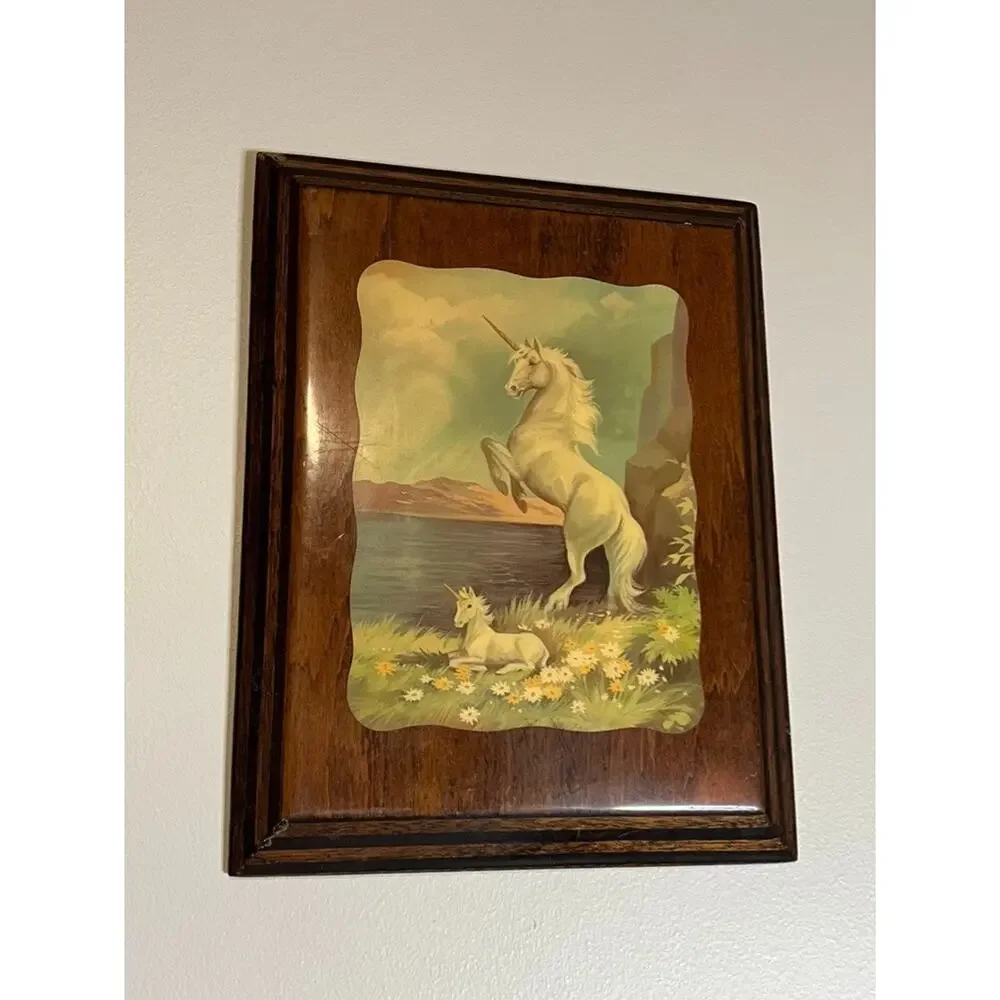 Vintage 1980's Unicorn w/ Baby Foal Lacquered Wood Wall Art 15.5